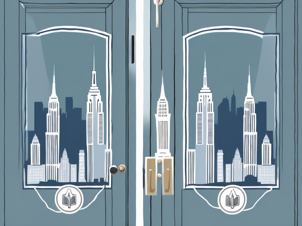 New York City'S Iconic Skyline With A Pair Of Mormon Missionary Badges Pinned On A Door