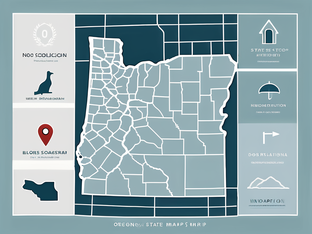 Oregon'S State Map With Symbolic Icons Of A Door And A Stop Sign