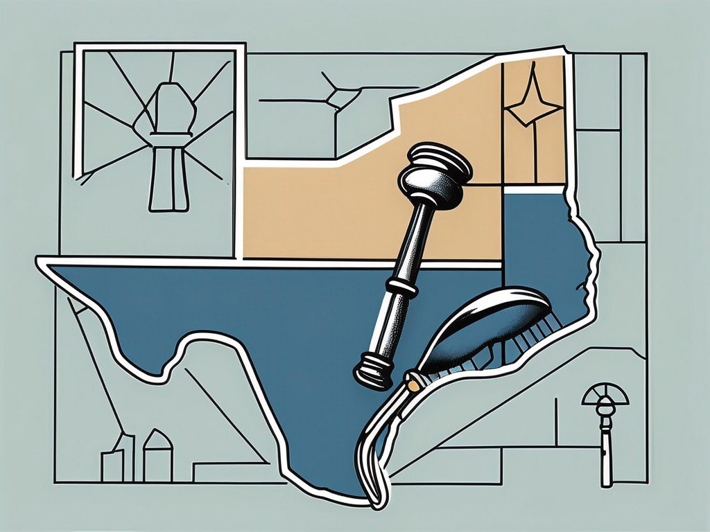 A Texas State Map With Symbolic Icons Of A Door And A Legal Gavel